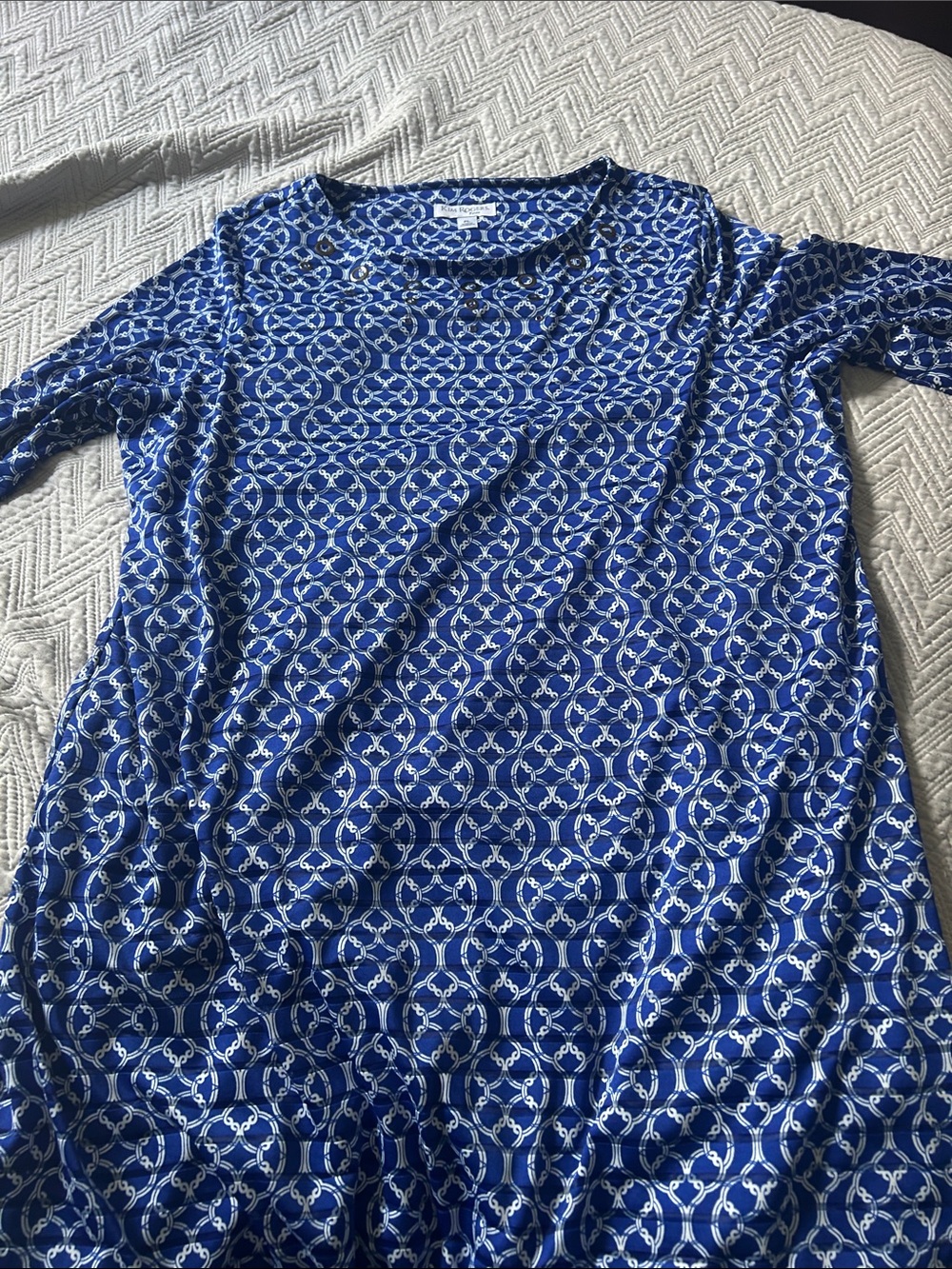 Kim Rogers Blue and White Geometric Long Sleeve Tee